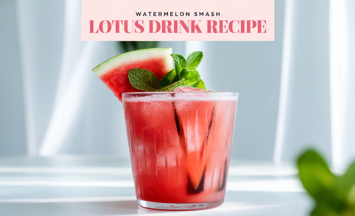 A vibrant glass of Watermelon Smash Lotus drink, topped with ice and garnished with fresh watermelon slices and a sprig of mint.