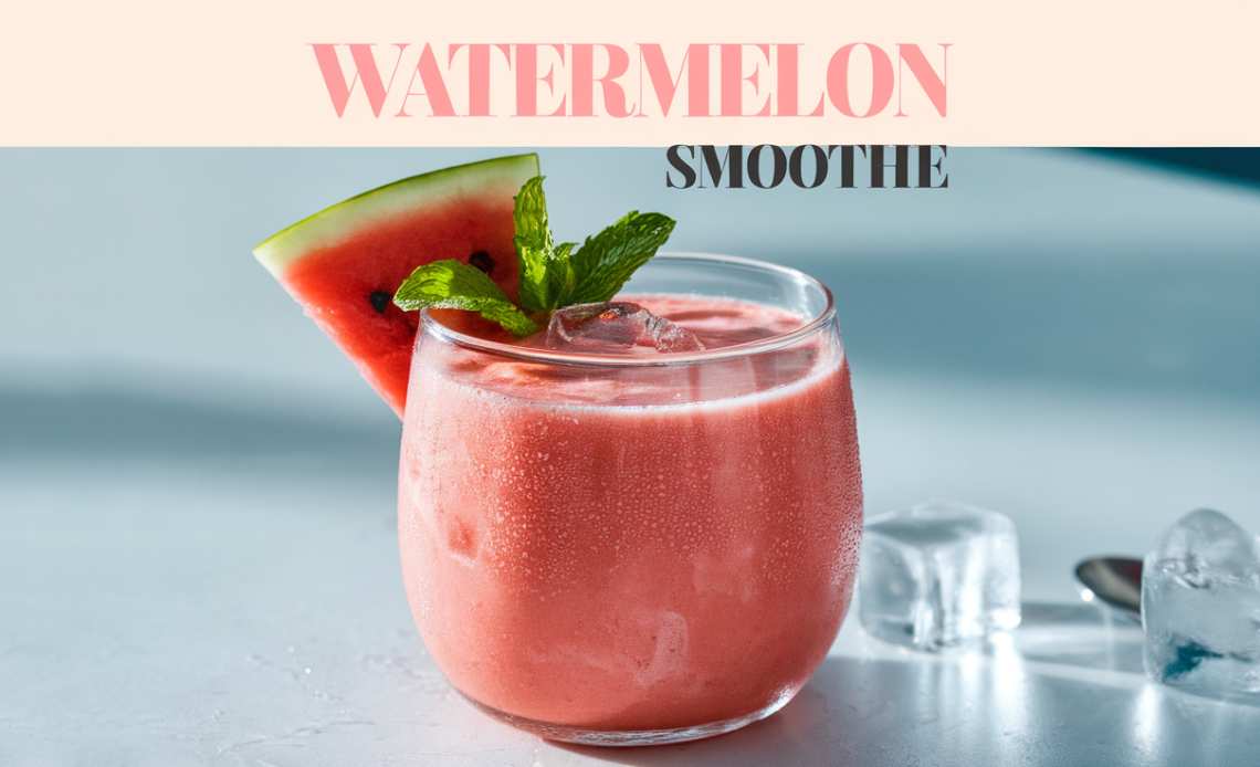 A tall glass of creamy watermelon smoothie, garnished with a fresh watermelon slice and mint leaves, served with a straw.