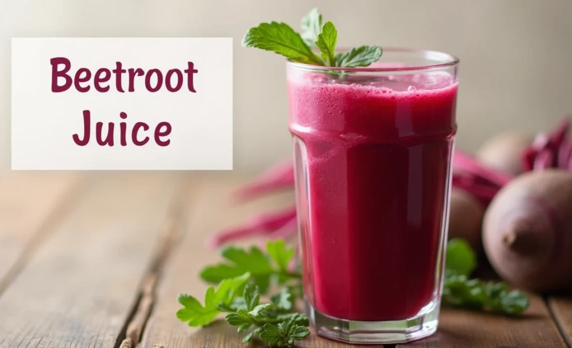 A glass of freshly made beetroot juice with a deep red color, garnished with a sprig of mint and surrounded by fresh beets.