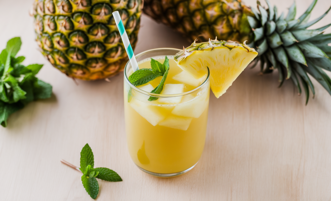 A refreshing glass of pineapple hangover juice garnished with fresh mint and a slice of pineapple, served on a wooden table with tropical ingredients.