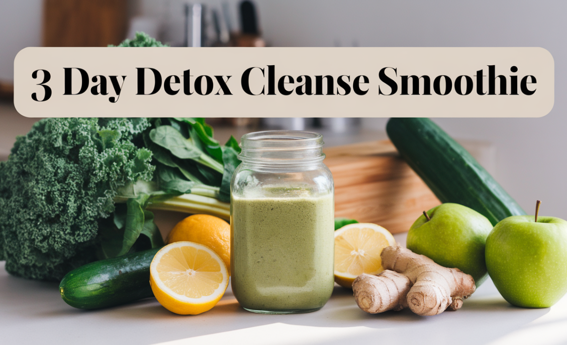 Three colorful detox smoothies in glass jars—green, red, and yellow—made with fresh fruits and vegetables, surrounded by ingredients like spinach, berries, and citrus.