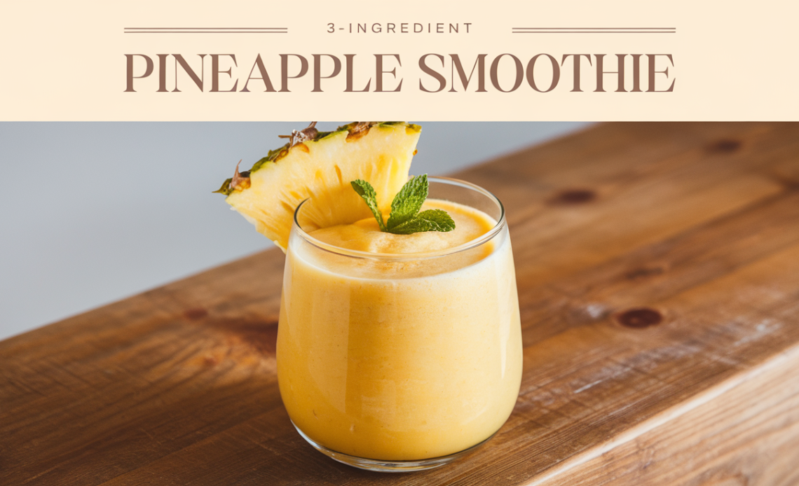 A creamy 3-ingredient pineapple smoothie in a glass, garnished with a pineapple wedge, served with a straw.