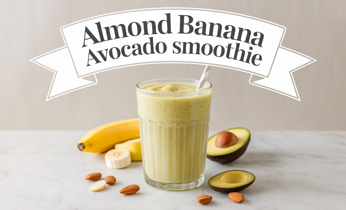 A creamy almond banana avocado smoothie in a glass, garnished with a few banana slices and almonds, with a straw beside it.
