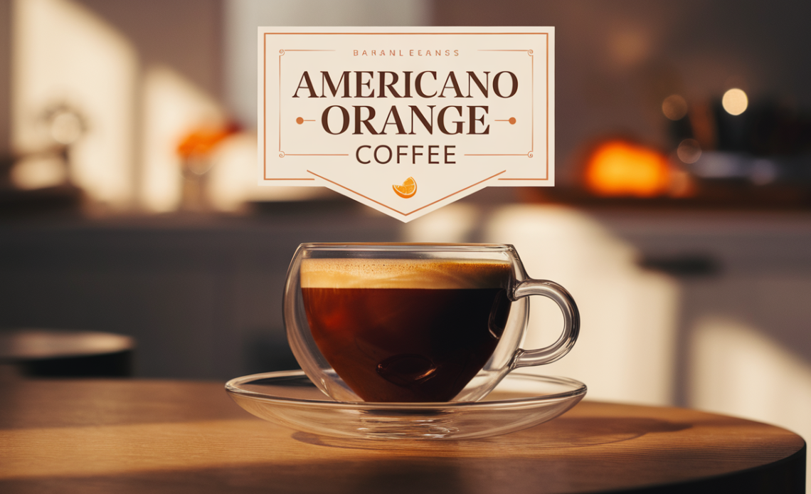A close-up of Americano coffee with a twist of orange, served in a clear glass mug with a slice of orange on the rim.