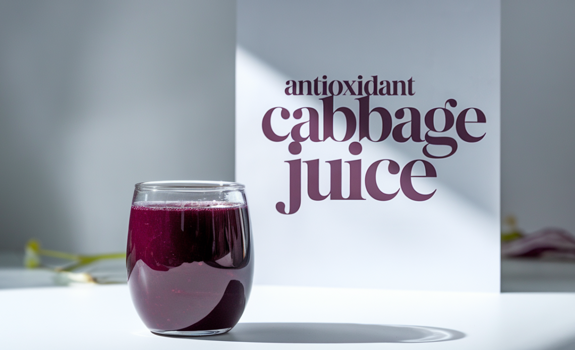 A glass of vibrant purple antioxidant cabbage juice, garnished with a slice of lemon, surrounded by fresh cabbage leaves.