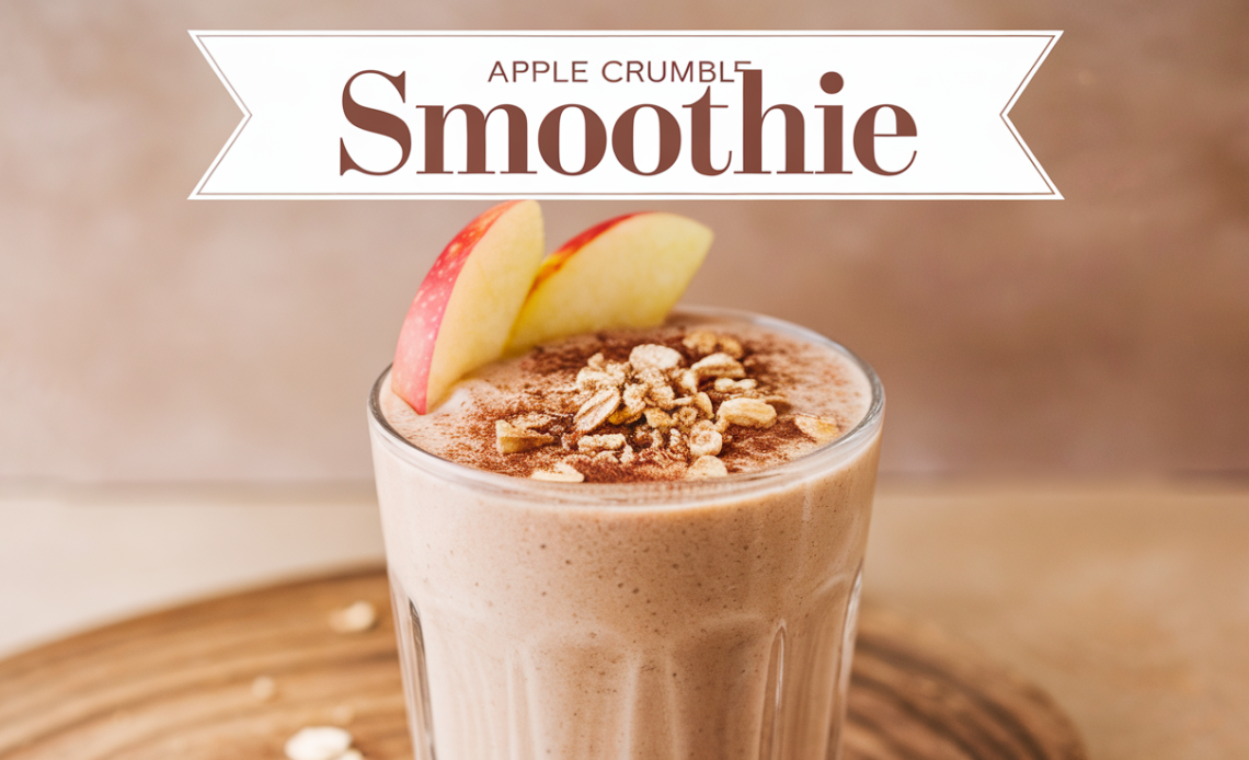 A creamy apple crumble smoothie topped with cinnamon, oats, and apple slices, served in a glass with a straw.