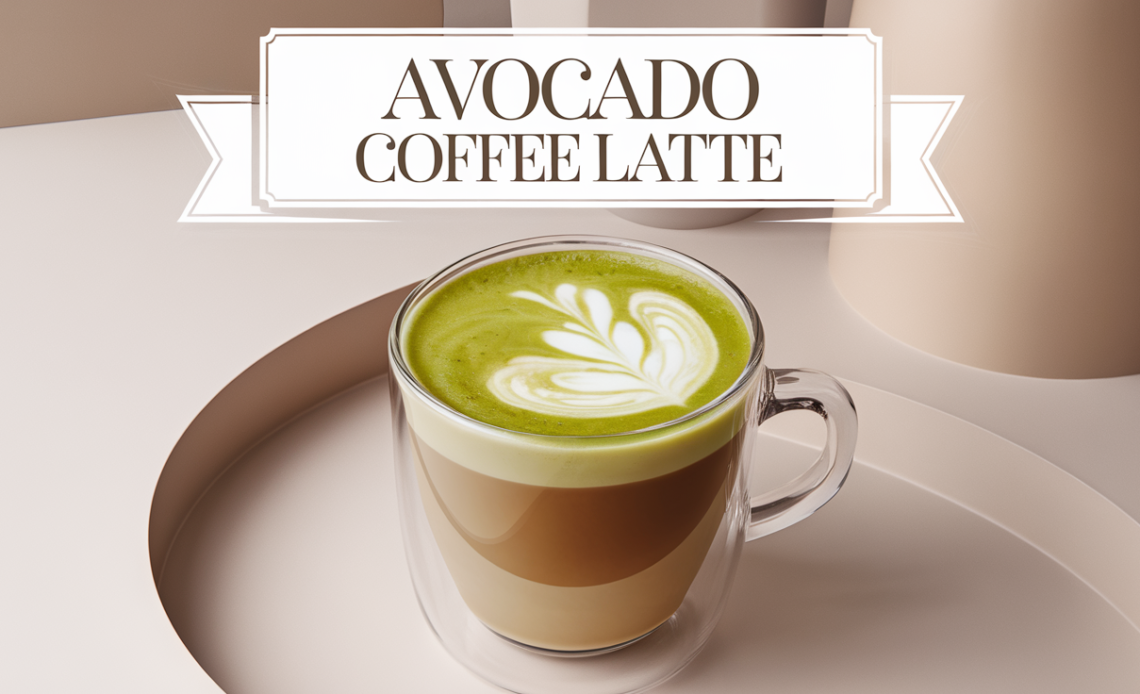 A creamy avocado coffee latte served in a glass mug, topped with a frothy layer of milk foam and a sprinkle of cocoa powder.