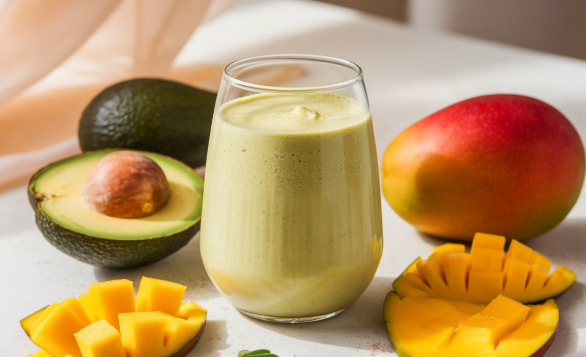 A creamy avocado mango smoothie served in a glass, garnished with fresh mango slices and a sprig of mint, placed on a wooden table.