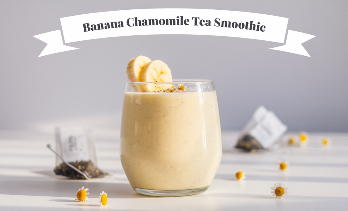 A creamy banana chamomile tea smoothie in a glass, garnished with banana slices and a sprig of chamomile flowers, served with a straw.
