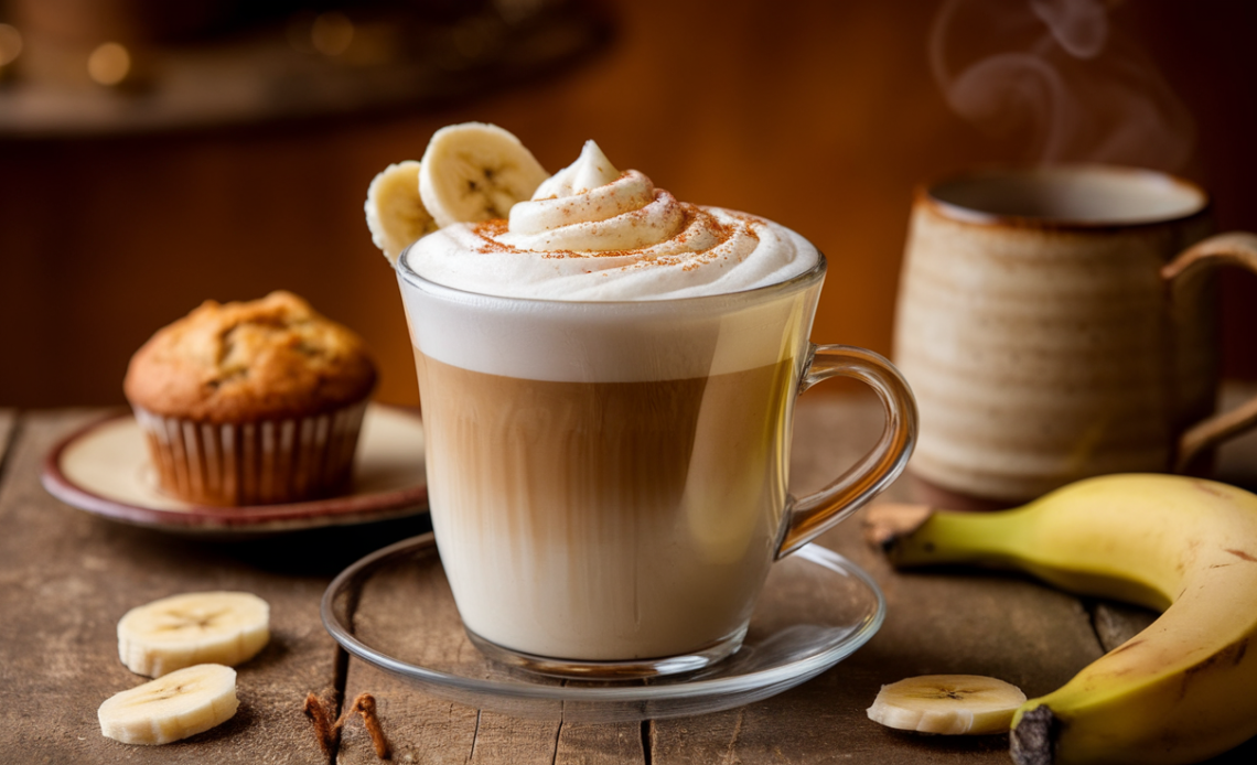 A creamy and indulgent Banana Cream Latte topped with whipped cream, caramel drizzle, and a sprinkle of cinnamon on a wooden table, with a rustic coffee cup and saucer.