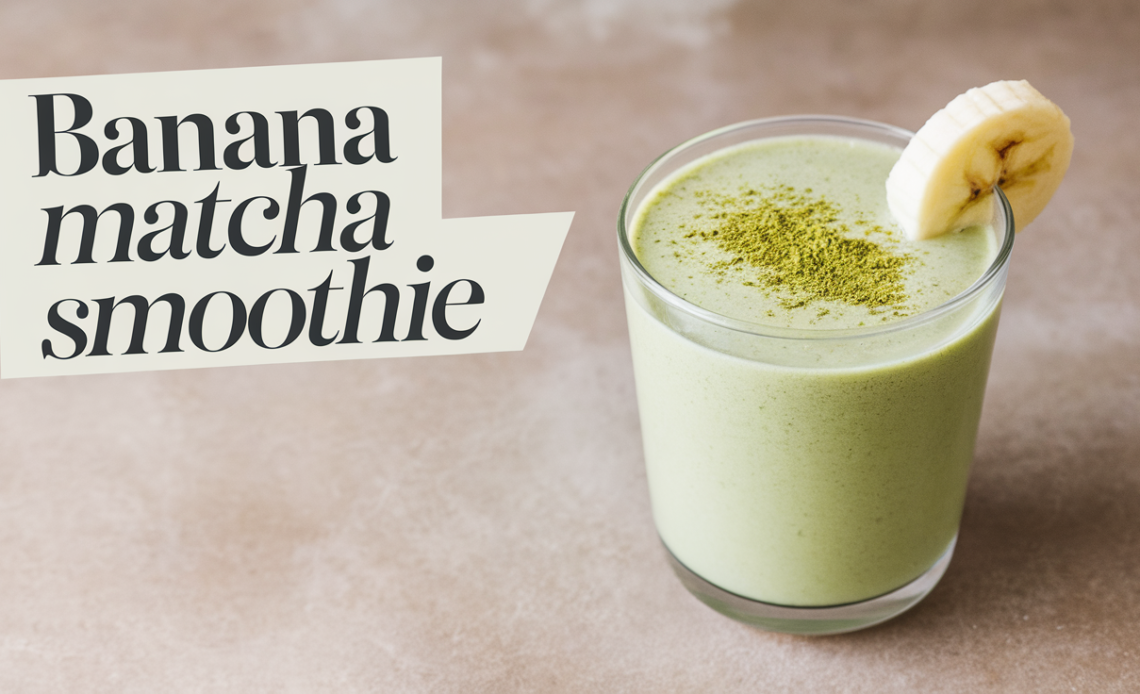 A creamy and vibrant banana matcha smoothie in a glass, garnished with a slice of banana and a sprinkle of matcha powder.