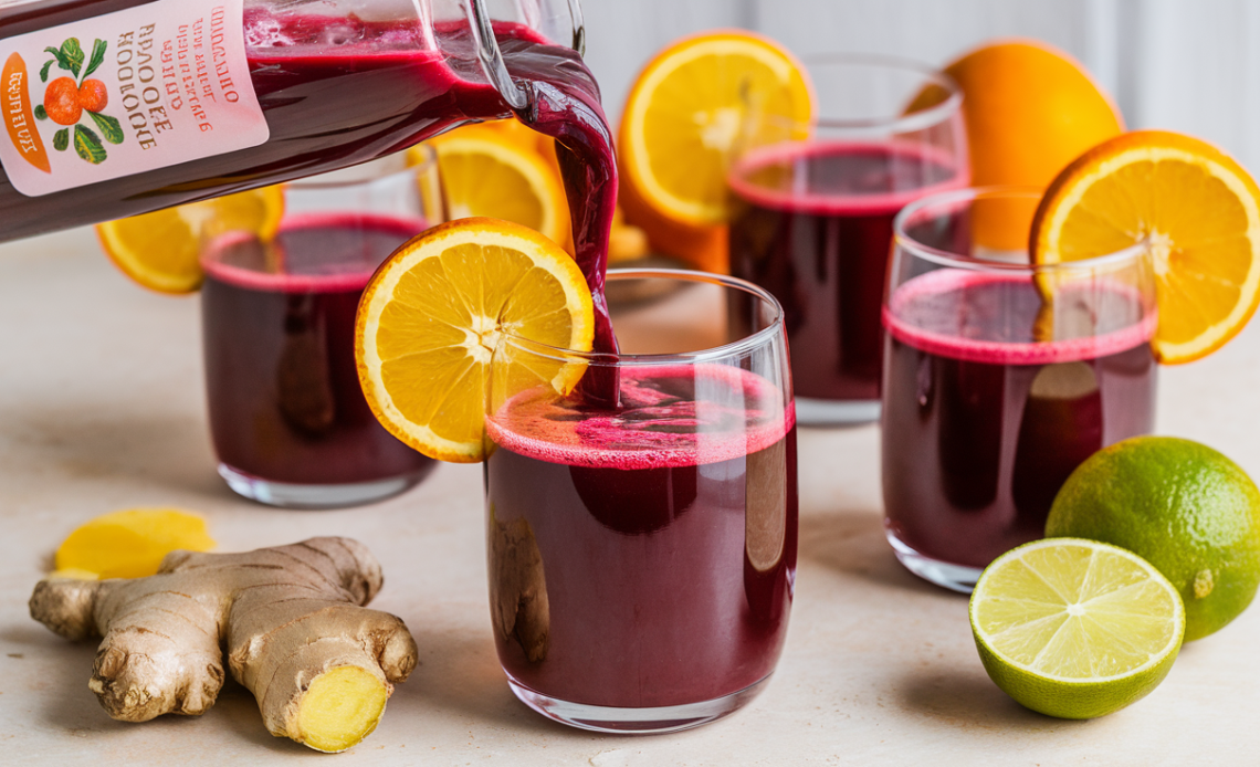 A vibrant shot of beet ginger juice served in a small glass, with fresh beetroot and a piece of ginger in the background.