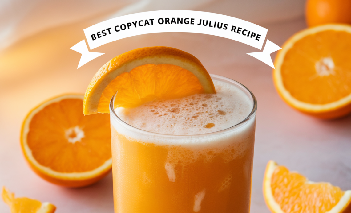 A creamy and frothy glass of homemade Orange Julius, topped with a slice of orange, served with a straw.