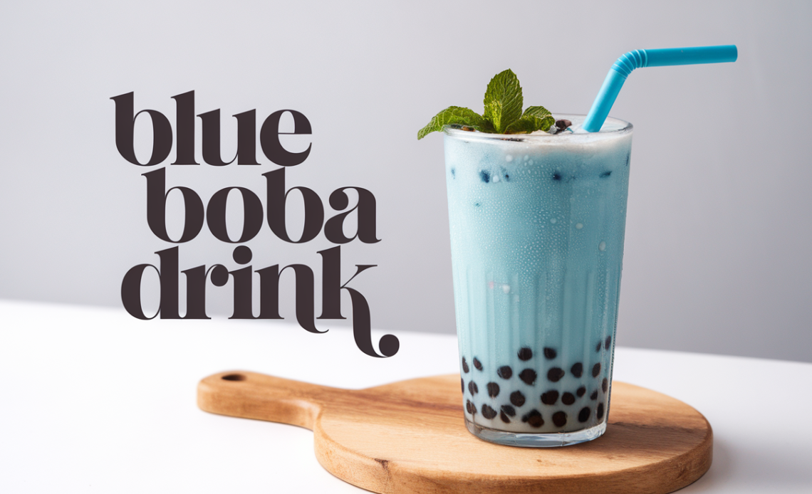 A refreshing blue boba drink in a clear cup with tapioca pearls at the bottom, topped with ice and a wide straw.