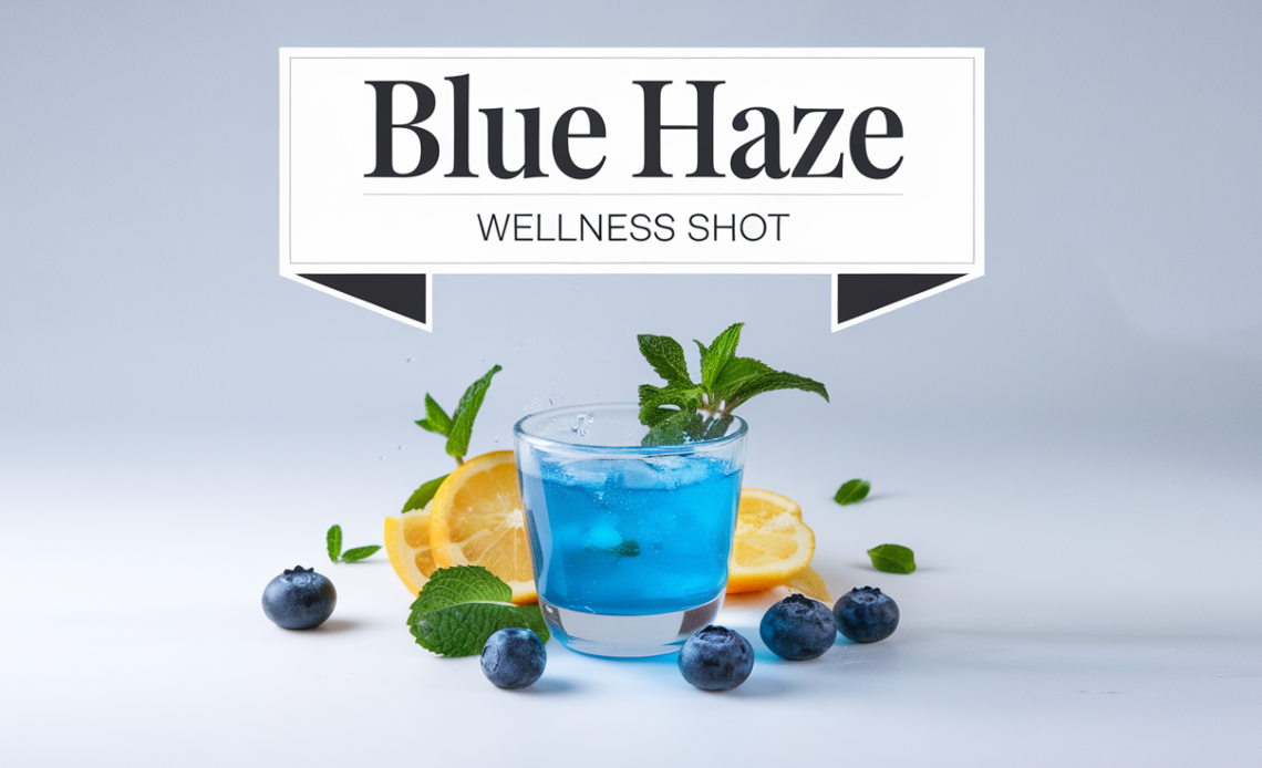 A vibrant Blue Haze Wellness Shot in a small glass, made with blue spirulina, lemon, and other natural ingredients, surrounded by fresh ingredients like ginger and turmeric.