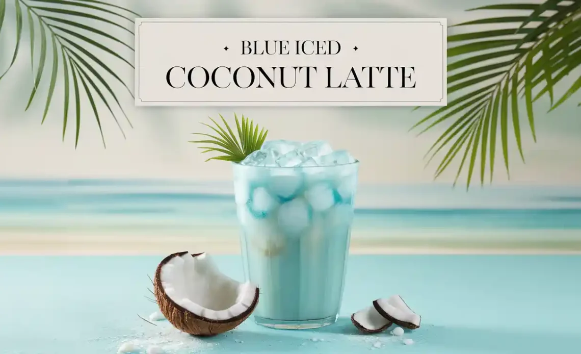 A refreshing blue iced coconut latte served in a clear glass, with coconut milk and a vibrant blue hue, garnished with a straw.