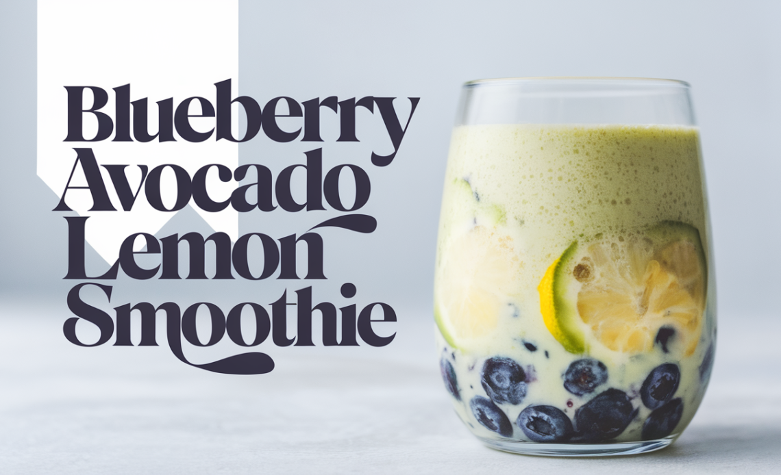 A creamy blueberry avocado lemon smoothie in a glass, garnished with fresh blueberries and a lemon slice, served with a straw.