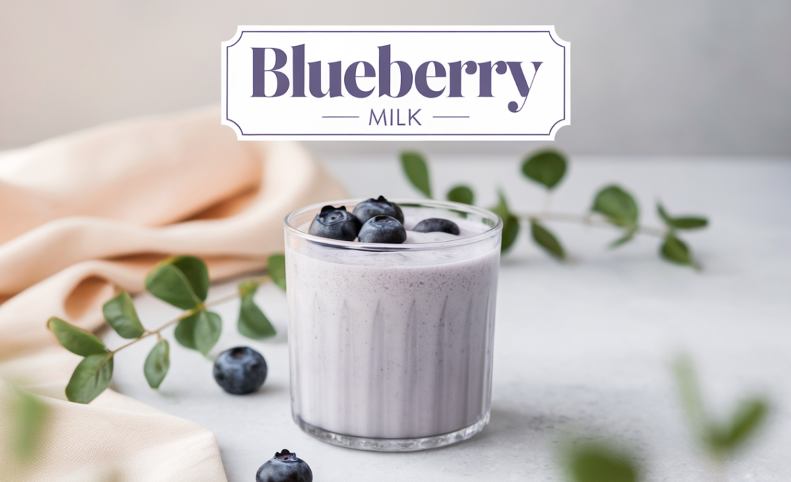 A tall glass of creamy blueberry milk, with vibrant purple hues, garnished with fresh blueberries and a straw, served on a wooden table.
