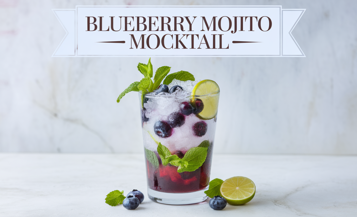 A vibrant glass of blueberry mojito mocktail with fresh blueberries, mint leaves, lime slices, and sparkling water served over ice.