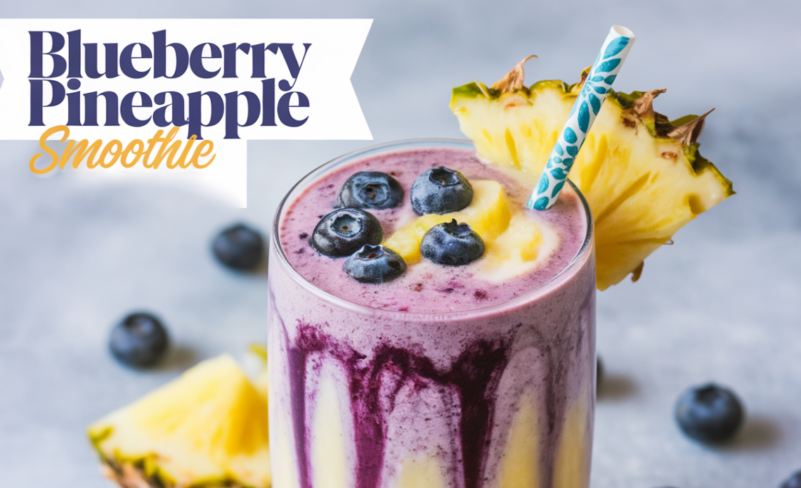 A vibrant blue blueberry pineapple smoothie served in a glass, garnished with fresh blueberries and a pineapple wedge.