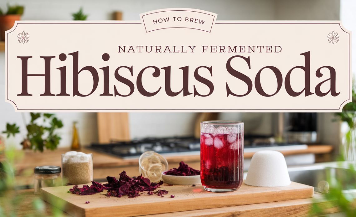 A glass bottle filled with red hibiscus soda on a wooden table, with fresh hibiscus petals and a jar of fermentation ingredients nearby.