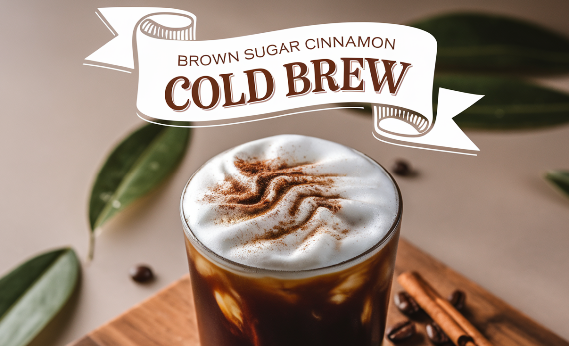 A glass of Brown Sugar Cinnamon Cold Brew, filled with ice, topped with a sprinkle of cinnamon and brown sugar, and a wooden stirrer.