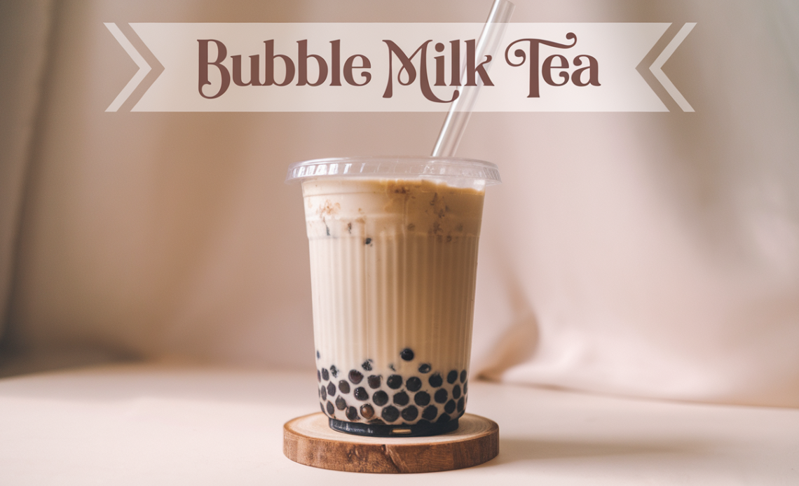 A glass of bubble milk tea with chewy tapioca pearls, topped with ice, and a wide straw for sipping.
