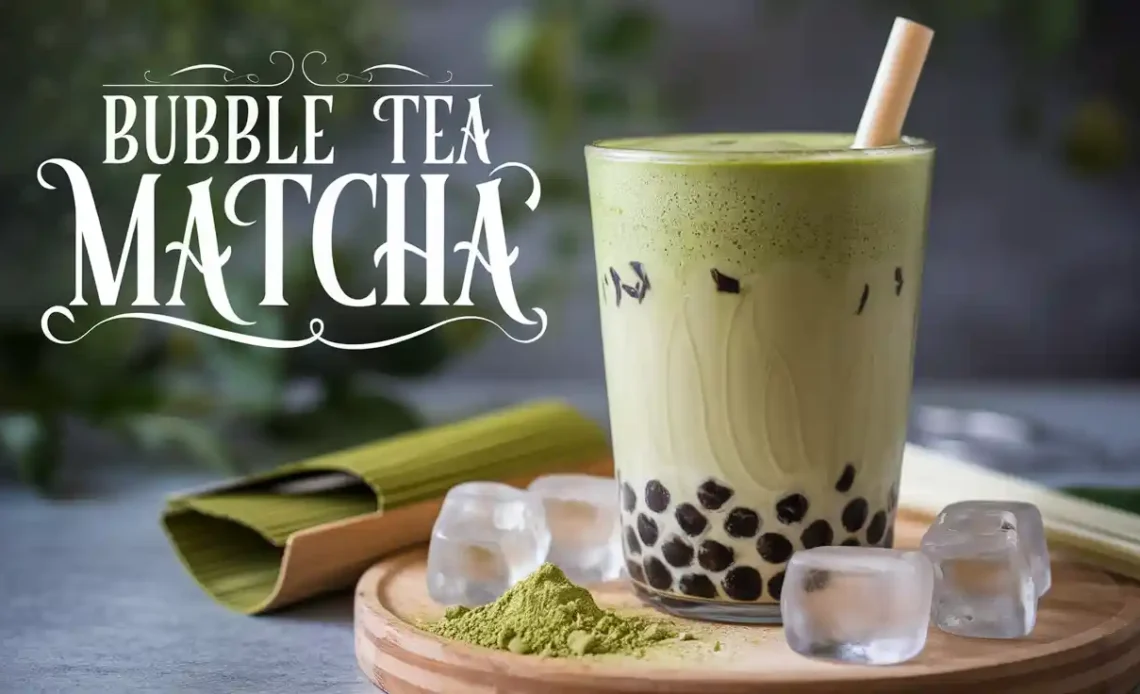 A refreshing cup of matcha bubble tea with green tea pearls.