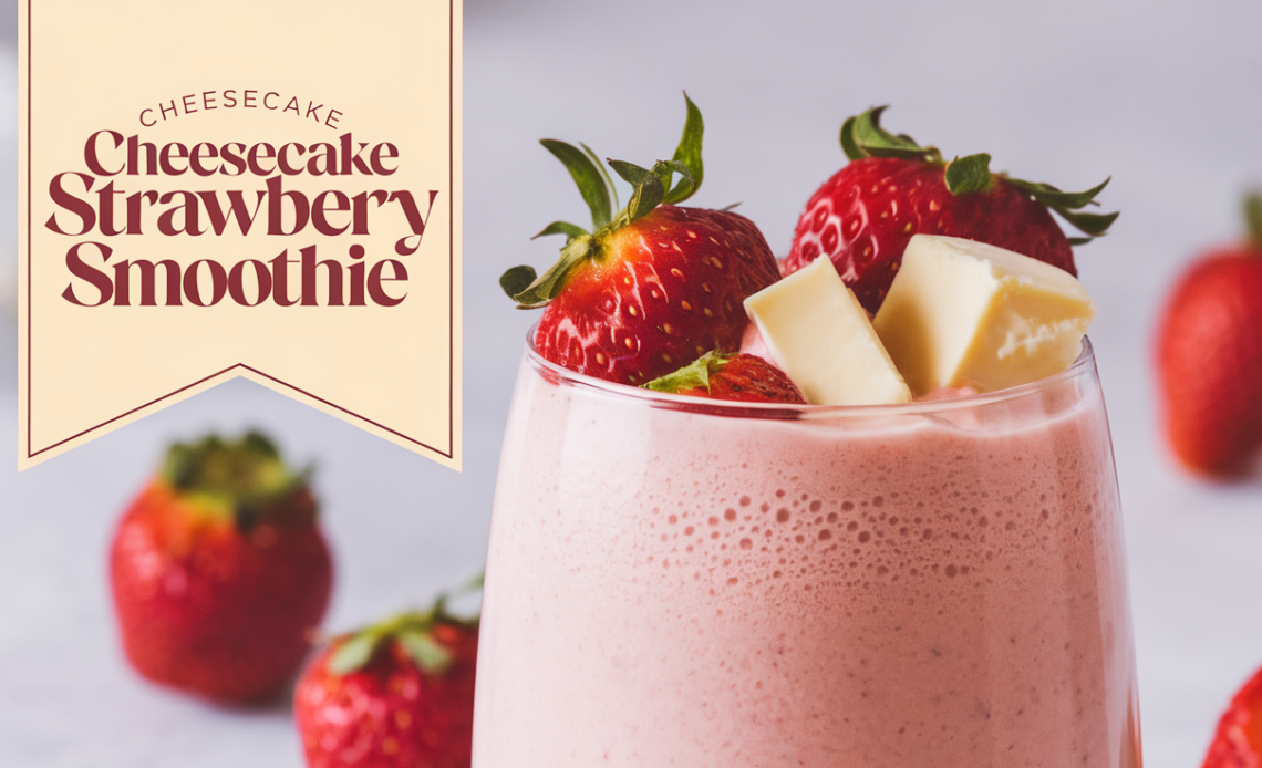 A creamy cheesecake strawberry smoothie in a glass, topped with fresh strawberries and a drizzle of strawberry sauce, served with a straw.
