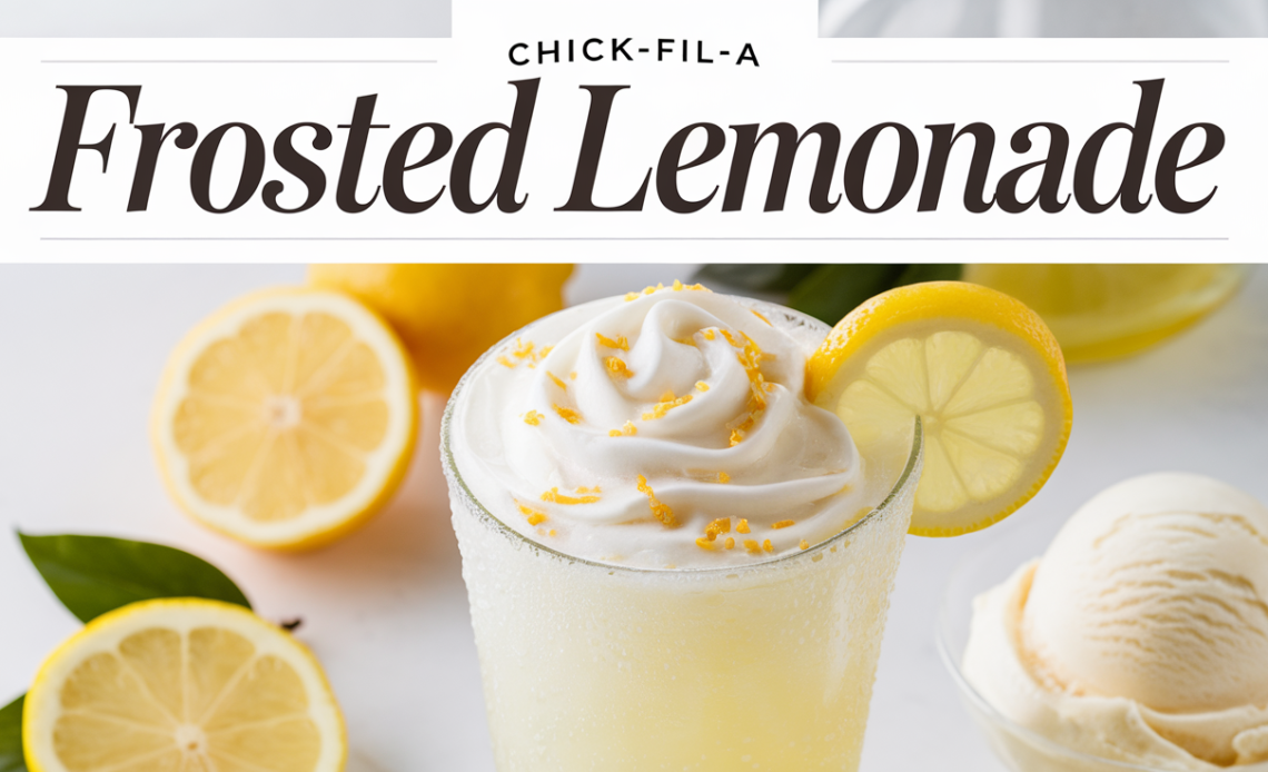A creamy Chick-fil-A Frosted Lemonade served in a cup with a straw, garnished with a slice of lemon, on a sunny outdoor table.