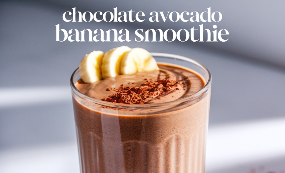 A creamy chocolate avocado banana smoothie in a glass, topped with sliced bananas and a sprinkle of cocoa powder, served with a straw.
