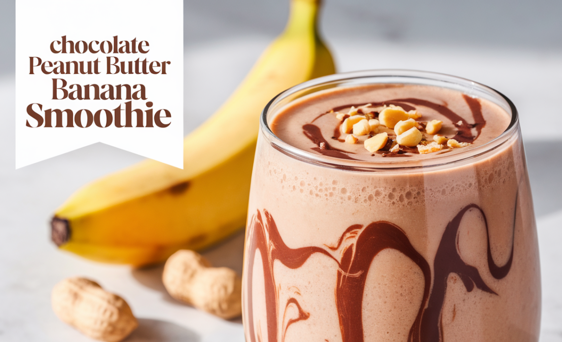 A creamy chocolate peanut butter banana smoothie served in a glass, topped with sliced banana and a drizzle of peanut butter.