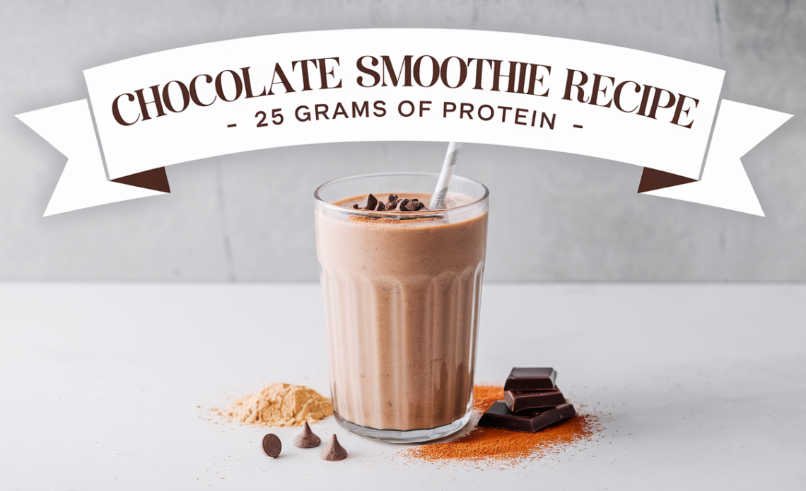 A creamy chocolate smoothie in a glass with a swirl of protein powder, topped with a sprinkle of cocoa powder and a few chocolate chips.