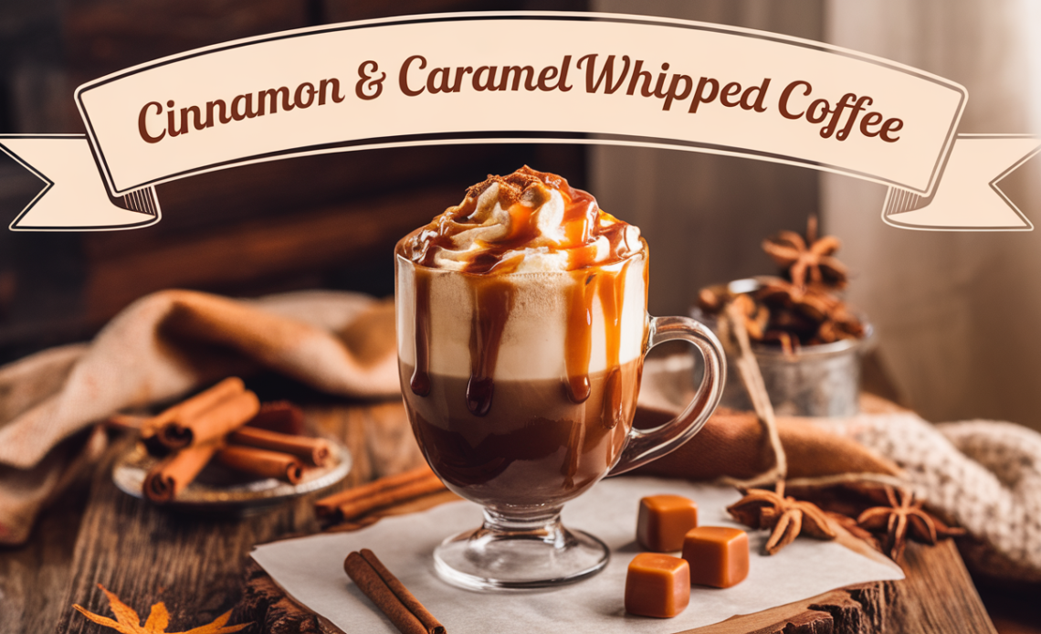 Cinnamon and caramel whipped coffee in a glass mug topped with whipped cream and a sprinkle of cinnamon.