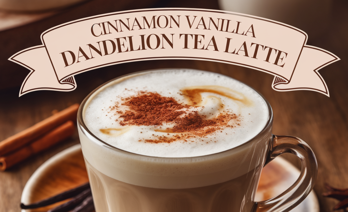 A warm cup of cinnamon vanilla dandelion tea latte with a frothy top, sprinkled with cinnamon, and a cinnamon stick garnish.