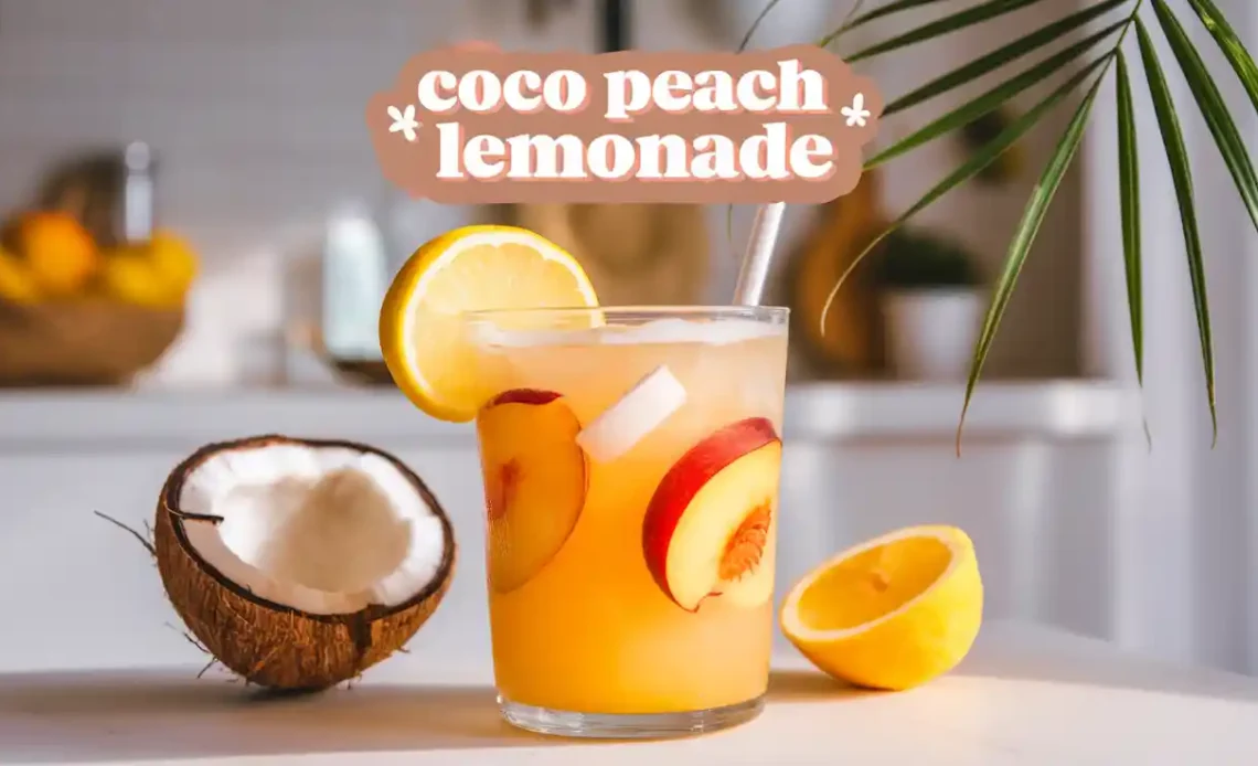Refreshing glass of Coco Peach Lemonade garnished with peach slices and mint.