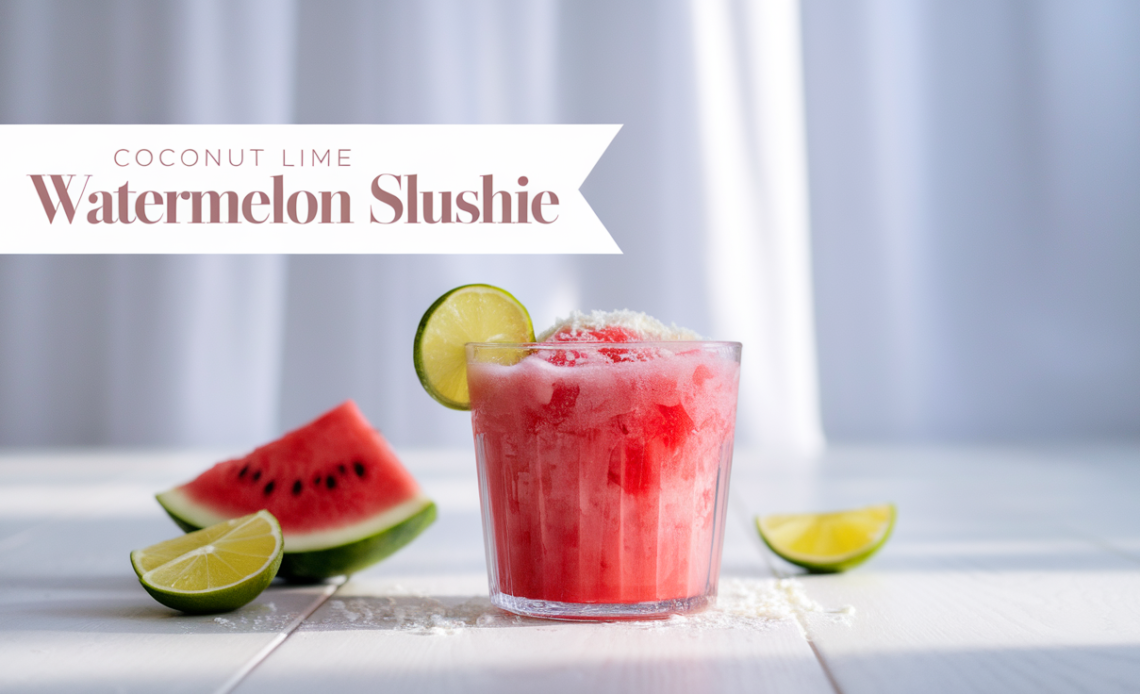 A frosty glass of coconut lime watermelon slushie, garnished with a lime wedge and mint leaves, served with a straw on a sunny day.