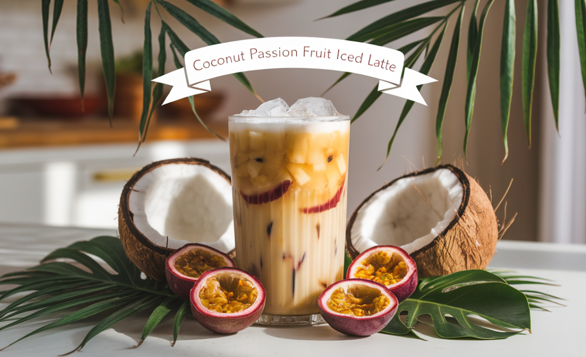 Coconut Passion Fruit Iced Latte in a glass topped with ice and garnished with a slice of passion fruit and coconut flakes.