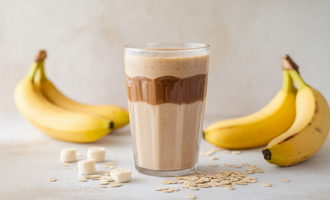 A creamy Coffee Banana Oat Smoothie in a glass, topped with a sprinkle of oats and a slice of banana, served with a straw.