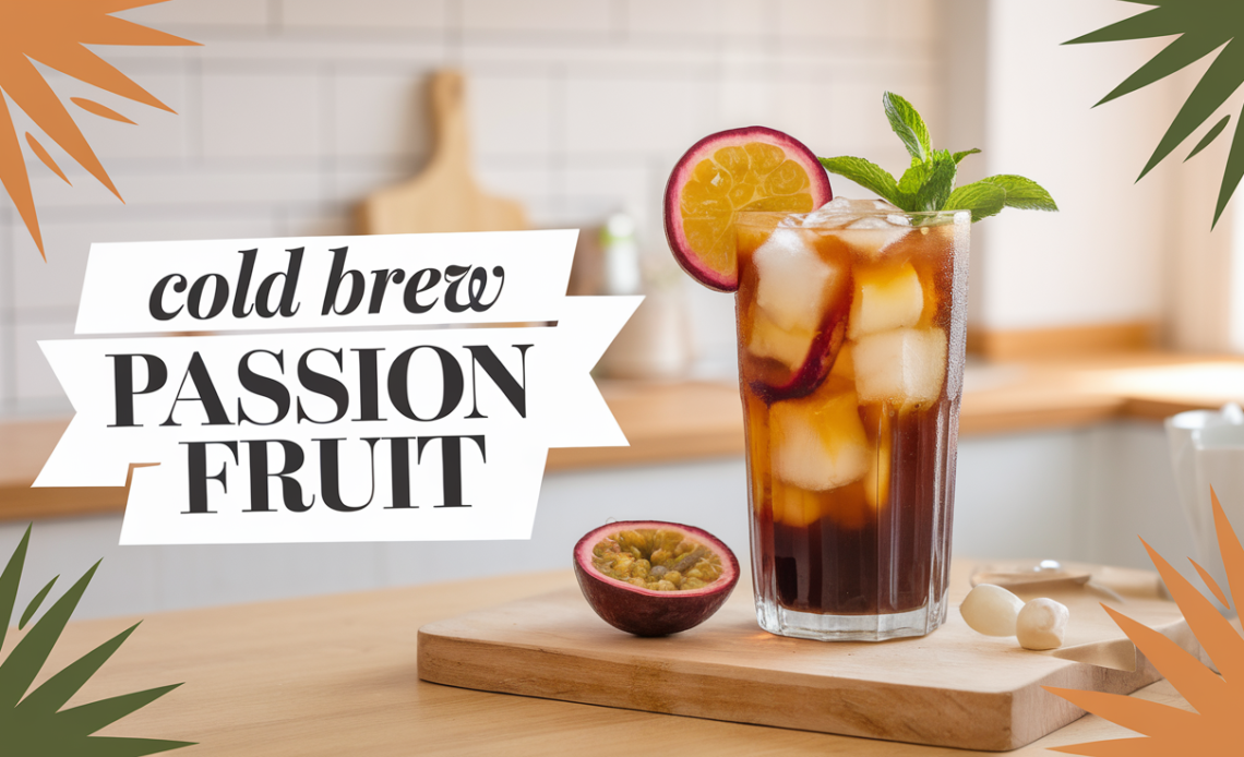 Cold brew coffee with a splash of passion fruit, served over ice.