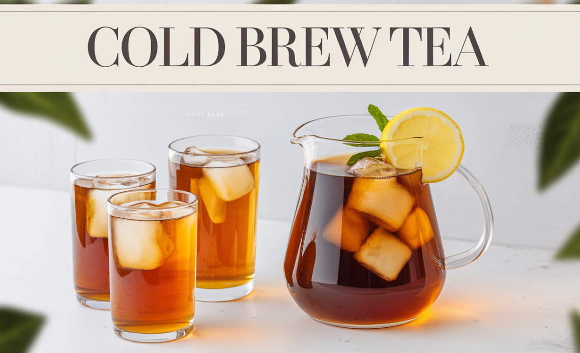 A pitcher of cold brew tea with tea bags steeping in cold water, surrounded by fresh lemon slices and mint leaves on a wooden surface.