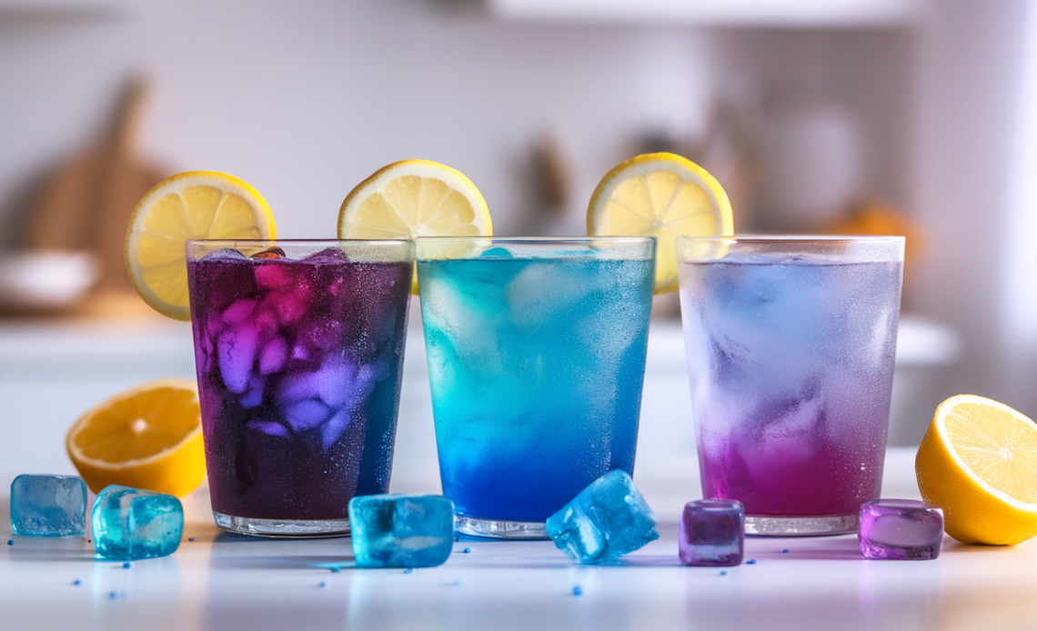 A refreshing glass of color-changing lemonade, also known as galaxy lemonade, with swirling hues of purple, blue, and pink resembling a galaxy, placed on a wooden table with a slice of lemon and mint leaves as garnish.