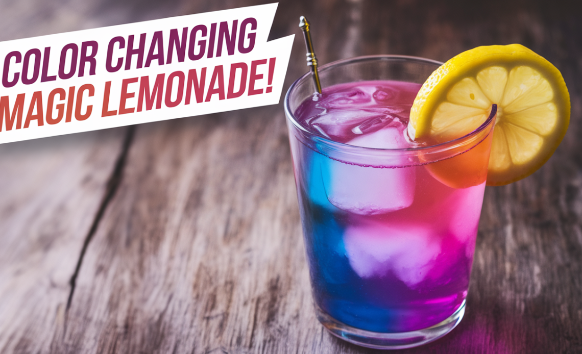 A glass of color-changing magic lemonade, transitioning from purple to blue, with ice cubes and a slice of lemon on the rim.