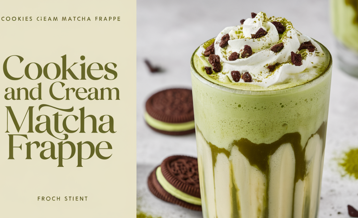 A tall glass of Cookies and Cream Matcha Frappe topped with whipped cream and crushed cookies