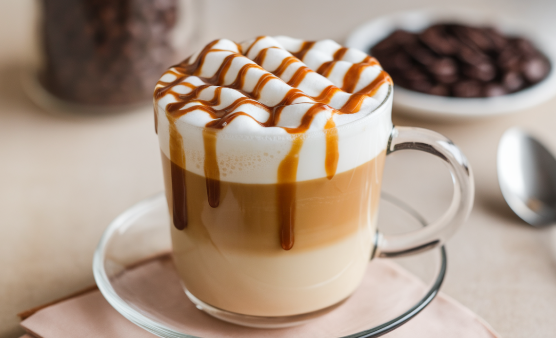 A homemade copycat Starbucks Caramel Macchiato in a glass, with layers of espresso, steamed milk, and caramel drizzle on top, sitting on a wooden table.