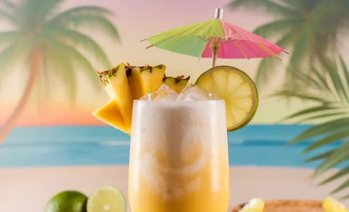 A vibrant glass of Copycat Starbucks Paradise Drink featuring tropical fruit garnishes and a refreshing, colorful mix of coconut milk and passionfruit.