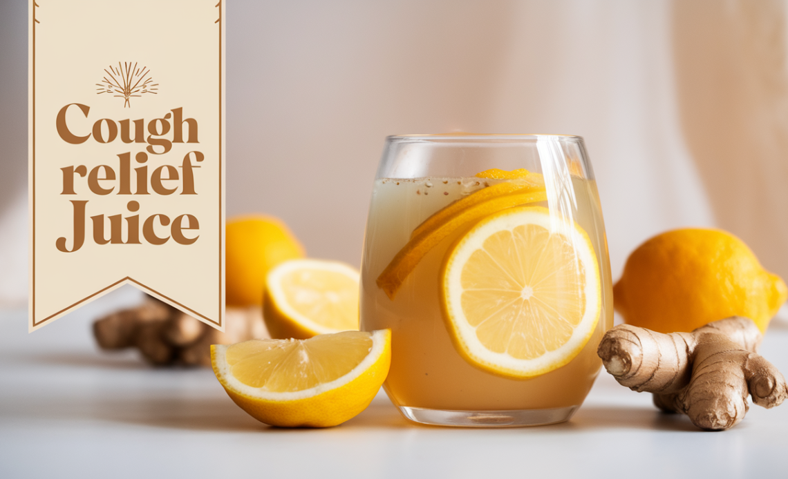 A glass of warm, soothing cough relief juice made with honey, ginger, lemon, and turmeric, garnished with a slice of lemon and a cinnamon stick.