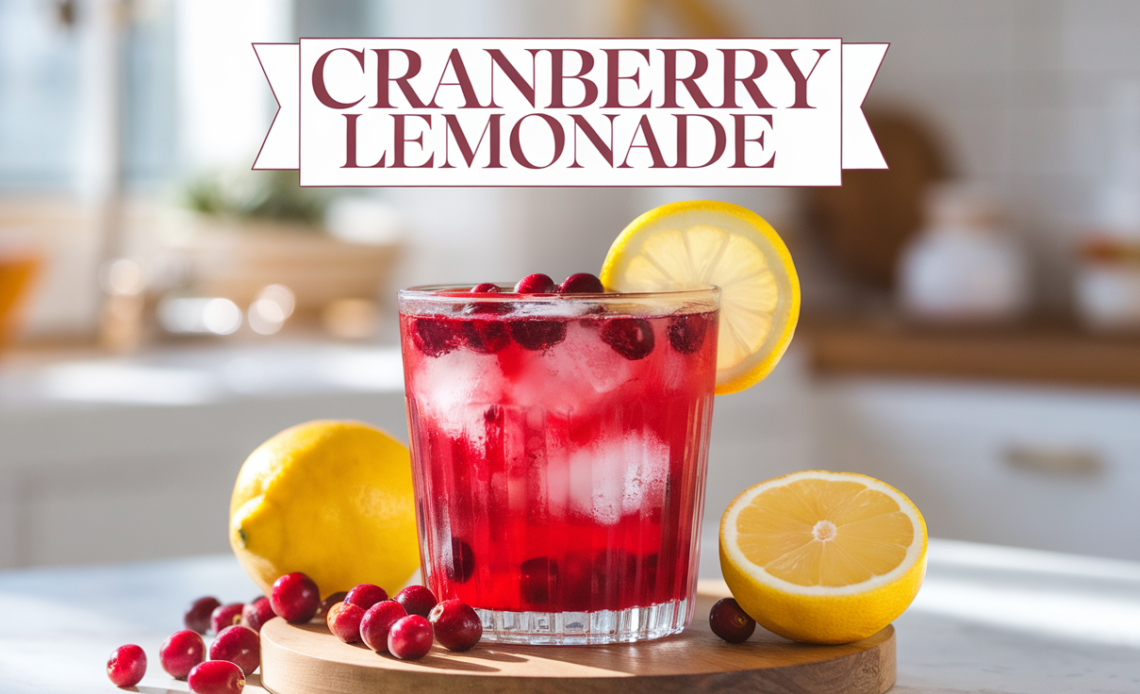 A refreshing glass of 3-ingredient cranberry lemonade with slices of lemon and fresh cranberries.