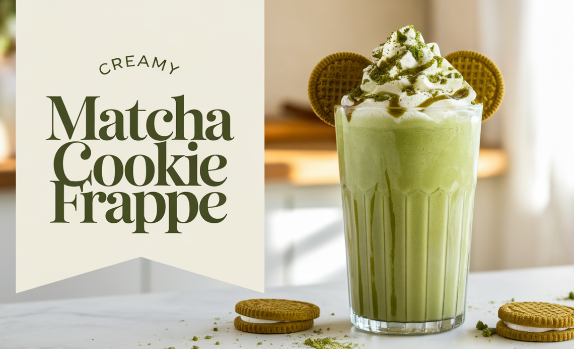 A delicious creamy Matcha Cookie Frappe topped with whipped cream and cookie crumbs, served in a tall glass.