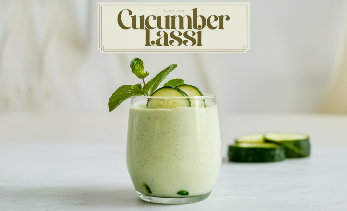 A tall glass of refreshing cucumber lassi, garnished with fresh mint leaves and a slice of cucumber, served on a wooden table.